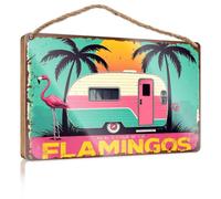 Wood Home Sign A Vintage Camper with Palm Trees and A Flamingo Decorations for The Kitchen Funny Man Cave Signs(23X35CM)