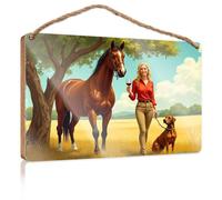 Wood Home Sign A Woman Enjoys Wine While Walking Her Horse and Dog in A Sunny Field Decorations for The Kitchen Funny Man Cave Signs(20X30CM)