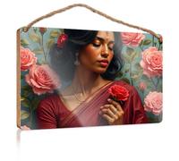 Wood Home Sign A Woman in A Red Sari Adorned with Roses Decorations for The Kitchen Funny Man Cave Signs(15X28CM)