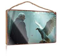 Wood Home Sign An Elderly Man Faces An Eagle In A Misty Forest Wooded Sign Front Porch Decor Outdoor Wall Decor(23X35CM)