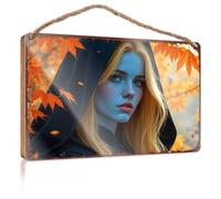 Wood Home Sign Autumnal Enchantment: A Hooded Figure Amidst Falling Leaves Wooded Sign Front Porch Decor Outdoor Wall Decor(23X35CM)