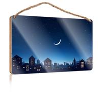 Wood Home Sign City Skyline Under A Crescent Moon Decorations for The Kitchen Funny Man Cave Signs(23X35CM)