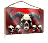 Wood Home Sign Dark Gothic Skulls With Red Roses Against A Fiery Background Wooded Sign Front Porch Decor Outdoor Wall Decor(15X28CM)