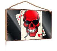 Wood Home Sign Red Skull with Playing Cards Decorations for The Kitchen Funny Man Cave Signs(23X35CM)
