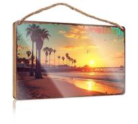 Wood Home Sign Sunset On The Beach with Palm Trees Decorations for The Kitchen Funny Man Cave Signs(23X35CM)