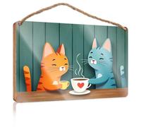 Wood Home Sign Two Cats Enjoying Hot Beverages Decorations for The Kitchen Funny Man Cave Signs(20X30CM)