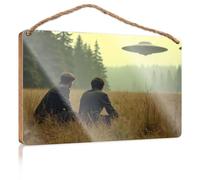 Wood Home Sign Two Men Sit in A Field, Watching A UFO Decorations for The Kitchen Funny Man Cave Signs(15X28CM)