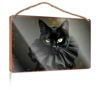 Wood Home Sign Whimsical Black Cat With Green Eyes Wearing A Bow Tie Wooded Sign Front Porch Decor Outdoor Wall Decor(23X35CM)