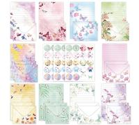 Wood Homing 160pcs Letter Writing Set - Butterfly Stationary Writing Paper with Matching Envelopes for Kids Girl Watercolor Lined Letter with Pretty Sticker for Wedding Valentine’ Day Invitation Card