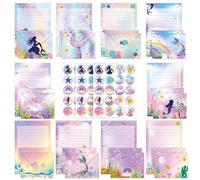 Wood Homing 160pcs Letter Writing Set - Mermaids Stationary Writing Paper with Matching Envelopes for Kids Girl Watercolor Lined Letter with Pretty Sticker for Wedding Valentine’ Day Invitation Card