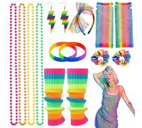 Wood Homing 80s Fancy Dress Party Costumes Accessories with Mesh Sleeve Necklace Earring Bracelet Hairband Leg Warmer for Girl Women Retro Lace Headband Rainbow Outfit for Halloween Disco Cosplay