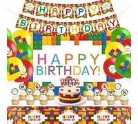 Wood Homing Building Block Birthday Decoration - Colorful Party Supplies with Happy Birthday Banner Cake Topper for Kids Boys Teenager Including Building Blocks Hanging Decor Tableware and Backdrop