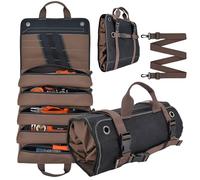 Wood Homing Canvas Tool Roll Bag - Heavy Duty Tool Roll Up Organiser with 5 Zip Pouch Shoulder Strap Wall Mounted Rolling Tools Box Workshop Storage Gift for Dad Husband Boyfriend Grandpa Electricians