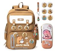 Wood Homing Capybara School Bag with Large Capacity Reflective Strip for Boy Girl Cute Cartoon Animal Backpack with Pencil Case Badge and Keychain Waterproof Multi-Compartment Rucksack for Student Kid