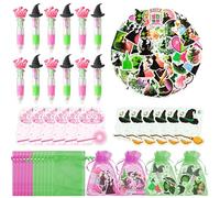 Wood Homing Princess Witch Stationery Gift - 12 Pack Green and Pink Party Favors 4-in-1 Broom Ballpoint Pens Sticky Note Sticker and Organza, Witch Goodie Bag Stuffers Fillers for Kids School Rewards