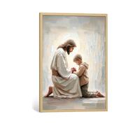 Wood Jesus Wall Art Christian Spiritual Wall Decor Jesus with Boy Canvas Wall Art Christian Pictures for Living Room Bedroom Religious Art Print Prayer Room Framed Bible Verse Posters 12x16 Inch