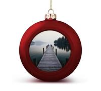 Wood Jetty And Calm Lake Christmas Tree Ornaments 4CM Shatterproof Pc Plastic Balls with Lanyard Baubles Hanging Christmas Ball Ornaments for Xmas Tree Holiday Party Wedding Home Decorations