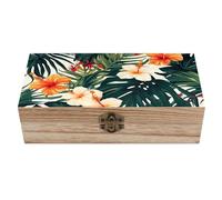 Wood Keepsake Box with Hinged Lid Handmade Wooden Wedding Memory Treasure Boxes Organizer Decorative Hawaiian Flower Palm Leaves Storage Box for Jewelry Coins Cards Photos Letters Crafts Storage
