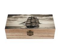 Wood Keepsake Box with Hinged Lid Handmade Wooden Wedding Memory Treasure Boxes Organizer Decorative Nautical Sailing Pirate Theme Storage Box for Jewelry Coins Cards Photos Letters Crafts Storage