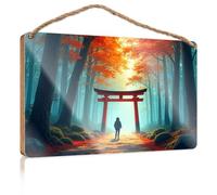 Wood Kitchen Decor A Person Stands Under A Red Torii Gate in an Autumn Forest Wooded Sign Farmhouse Wall Decor for The Home Funny Kitchen De(20X30CM)