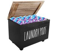 Wood Laundry Pods Container with Lid, 20x13x15cm Square Detergent Pods Holder,Stylish Washing Pod Holder, Large Capacity Storage Organizer for Bath Bombs, Scent Booster(black)