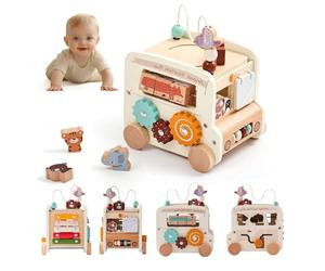 Wood Learning Toy Bus Activity Cubes for Children with Interactive Game and Safe Play Encouraging Fine Motor Skill Educational Role Bus for Imaginative and Cognitive Growth Promoting Social Skills