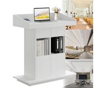 Wood Lectern Podium Stand Speaking Lectern Standing Podium with Drawers Wooden Pulpits for Churches Classroom Speeches Conference, Three-Layer Storage (White, 31.5 * 20IN)