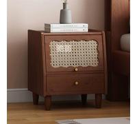 Wood Nightstand with Rattan Storage Cabinet & Flip Door, Small Bedside Table with Drawer for Bedroom & Living Room