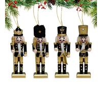Wood Nutcracker Tree Ornament - 4X Christmas Nutcracker Ornament Tree Pendant,Seasonal Decor Black Gold Soldier Photography Props for Door, Window Sill