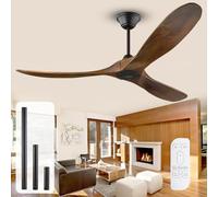 Wood Outdoor Ceiling Fan for Patios Without Light, 52 Inch Rustic Farmhouse Ceiling Fan no Light with Remote, Reversible DC Motor, 3 Blades Walnut Ceiliing Fan for Living Room Gazebo Porch