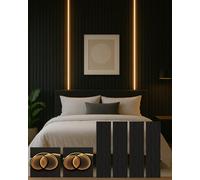 Wood Panel Co Four Midnight Black Acoustic Wall Panel Bundle With Black Flexi Led Light Strips Included.