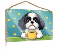 Wood Pantry Signs for Kitchen A Cute Dog Holding A Cup of Coffee with Coins Falling Around Wooded Sign Hippie Decor Wooden Signs for Crafts(15X28CM)