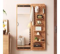 Wood Peg Board Organizer with Invisible Full Length Mirror, Space-Saving Wall Storage Solution for Home and Office Organization,Natural,150x40cm/59x16in