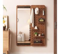 Wood Peg Board Organizer with Invisible Full Length Mirror, Space-Saving Wall Storage Solution for Home and Office Organization,Brown,120x40cm/47x16in