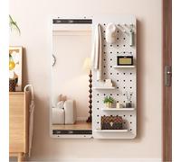 Wood Peg Board Organizer with Invisible Full Length Mirror, Space-Saving Wall Storage Solution for Home and Office Organization,White,120x40cm/47x16in