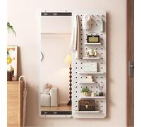 Wood Peg Board Organizer with Invisible Full Length Mirror, Space-Saving Wall Storage Solution for Home and Office Organization,White,150x40cm/59x16in