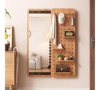 Wood Peg Board Organizer with Invisible Full Length Mirror, Space-Saving Wall Storage Solution for Home and Office Organization,Natural,120x40cm/47x16in