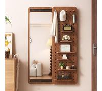 Wood Peg Board Organizer with Invisible Full Length Mirror, Space-Saving Wall Storage Solution for Home and Office Organization,Brown,150x40cm/59x16in
