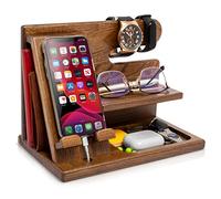 Wood Phone Docking Station Key Holder Wallet Stand Watch Organizer Men Gift Husband Wife Anniversary Dad Birthday Nightstand Purse Father Graduation Male Travel Idea Gadgets Solid Ash (Bronze)