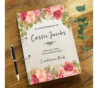 Wood Pink Roses Sympathy in Loving Memory Funeral Condolence Guest Book | Personalised Funeral Condolence Book | Message Book | Keepsake Book | Funeral Guest Book | Sympathy Book