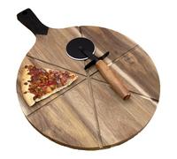 Wood Pizza Chopping Board with Pizza Cutter & Handle 40x30cm Acacia Reversible Round Paddle