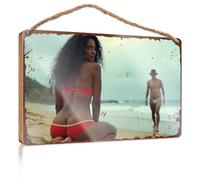 Wood Plaque Sign Beach Bliss: A Woman In Red Bikini Kneels As Man Walks Away On Sa Wooded Sign Signs And Plaques Pool Signs And Decor Outdoor(23X35CM)