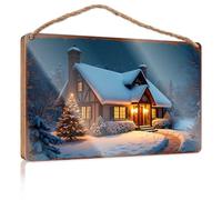 Wood Plaques For Crafts A Cozy Winter Cottage Illuminated By Warm Lights Wooded Sign Garden Gifts Hanging Bathroom Sign(15X28CM)