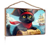 Wood Plaques For Crafts Pirate Cat On Treasure Chest With Ship In Background Wooded Sign Garden Gifts Hanging Bathroom Sign(15X28CM)