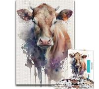 Wood Puzzle, Adult Jigsaw, Gentle Cow in Watercolor, 1000 Pieces | Festive puzzle present with tabletop activity for adults on weekends.