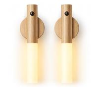 Wood Rechargeable Motion Sensor Night Light Indoor (White Ash,2-PCS) | Cordless wall light,Stick on wall mounted magnetic,Warm LED glow for Bedroom,Hallway,Stairway,Home decor