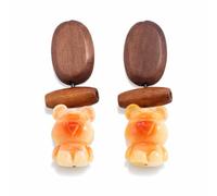 Wood & Resin Cute Bear Drop Earrings for Women - Gradient Amber Color Animal Dangle Jewelry, Boho Handmade Style Accessories for Daily Wear, Fall, and Holiday, Middle, Metal, No Gemstone