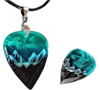 Wood Resin Paired Heart Pendant Mountains?Guitar Pick Holder Crystal Resin Love Necklace?Wood Resin Green Heart Necklace Jewelry?Lovers Mountain Pendant For Women &Men (B)