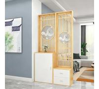 Wood Room Divider Privacy Screen New Chinese style,Modern Partition Screen Display Storage Shelves With shoe cabinet and drawers,Creative canvas printing Partition(D,110CM/43.3IN)