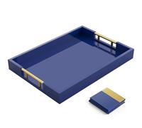 Wood Serving Tray with Gold Polished Metal Handles - 16"x12" - Home Decorative Wooden Rectangle Ottoman Jewelry Perfume Organizer Makeup Tray for Bathroom Vanity Dresser Navy Gloss